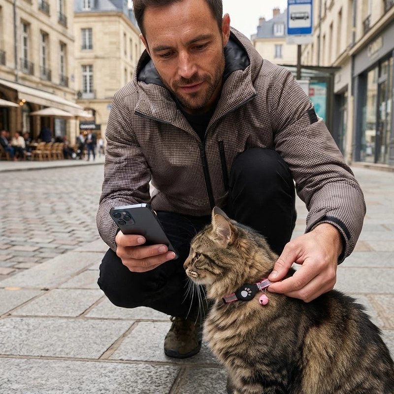 Homme regardant son téléphone tout en caressant un chat tigré portant un collier avec traceur GPS chat rose en ville