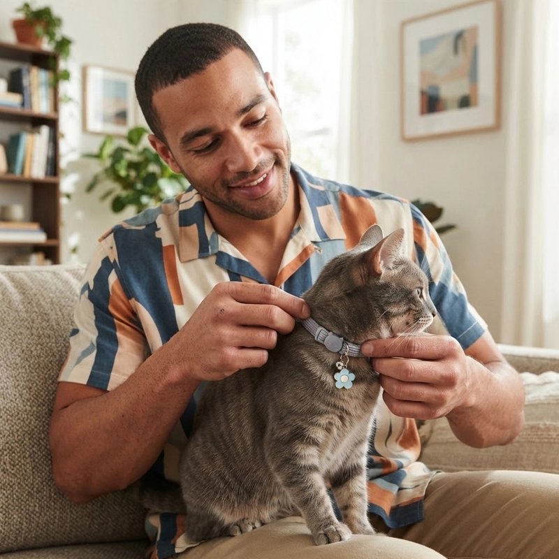Homme souriant ajustant un collier bleu gris avec breloque fleur sur un chat gris assis sur ses genoux
