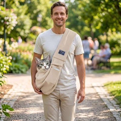 Homme souriant avec sac de transport chat beige, chat curieux dans un parc verdoyant