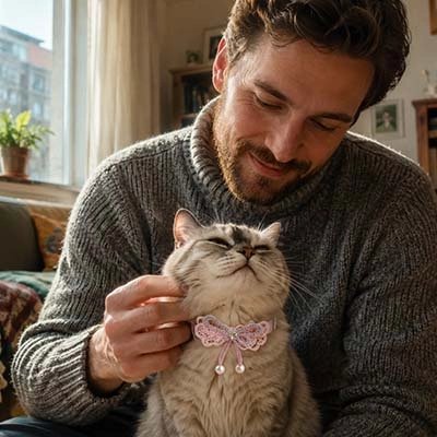 Homme souriant caressant son chat avec collier noeud rose