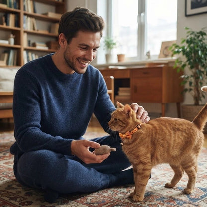 Homme souriant caressant un chat roux avec un collier à nœud papillon orange motif citrouilles, souris en tricot