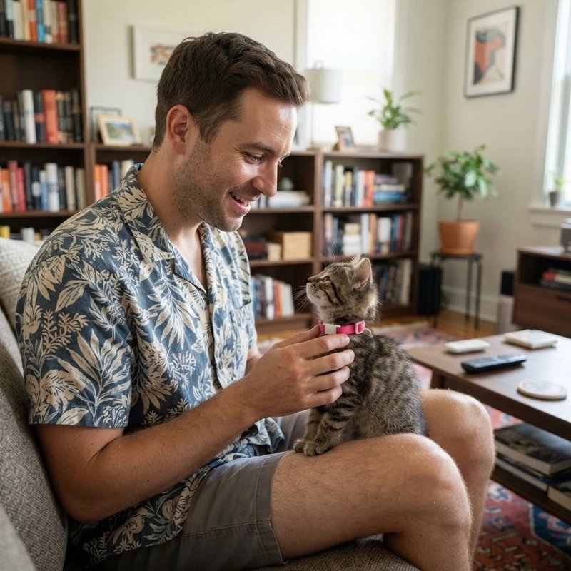 Homme souriant regardant un chaton tigré portant un collier rose, assis sur ses genoux