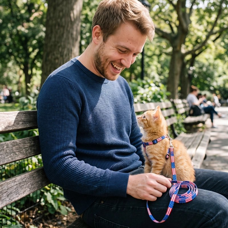Homme souriant sur un banc avec un chaton roux en harnais et laisse à motif drapeau américain
