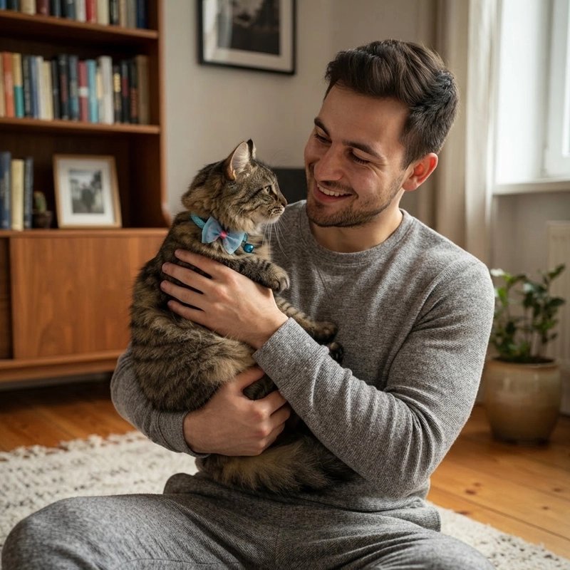Homme souriant tenant dans ses bras un chat tigré avec un collier bleu à nœud papillon