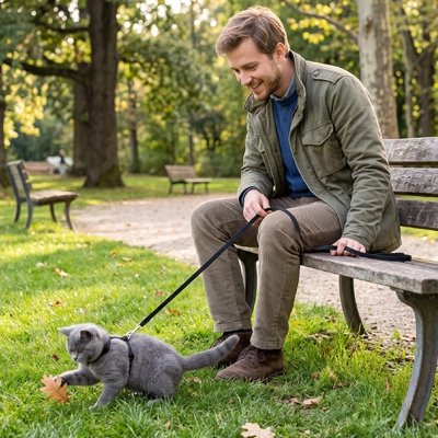 Homme souriant tenant la laisse de son chaton gris avec un harnais pour chaton noir