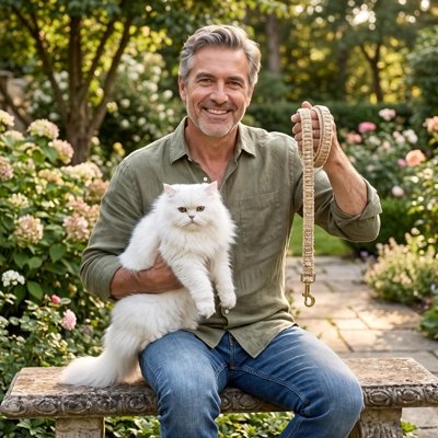 Homme souriant tenant une laisse pour chat beige tressée avec son chat persan blanc
