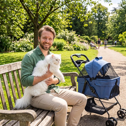 Homme tenant son chat blanc à côté d'une poussette pour chat pliable, moment de détente au parc