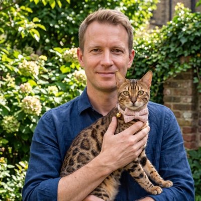 Homme tenant un chat bengal avec un collier à nœud papillon rose dans un jardin
