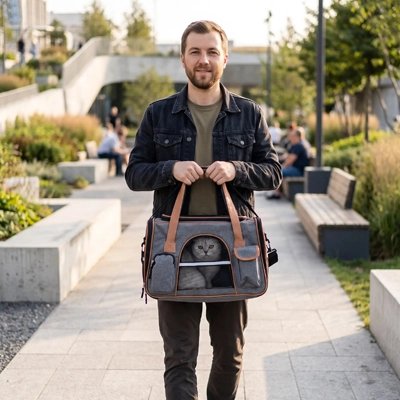 Homme tenant un sac de transport pour chat gris à finitions cuir dans un parc urbain
