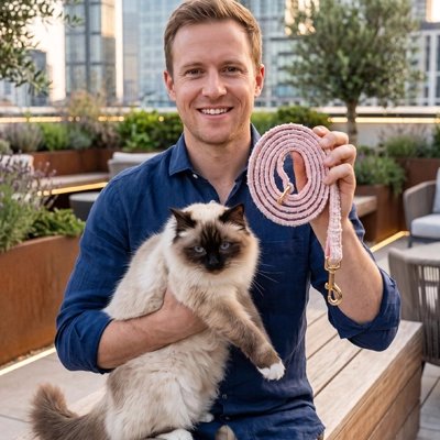 Homme tenant une laisse pour chat rose avec son chat sacré de Birmanie en terrasse