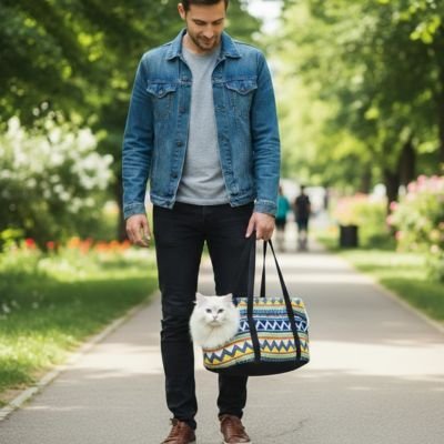 Homme transportant un chat blanc dans un sac de transport rayé avec fourrure avec motifs géométriques 