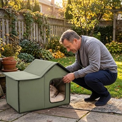 Homme vérifiant l'intérieur d'une niche pour chat extérieure avec coussin