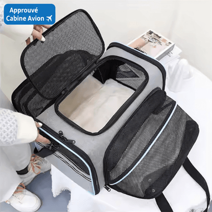 Sac transport chat approuvé cabine avion, badge bleu vif