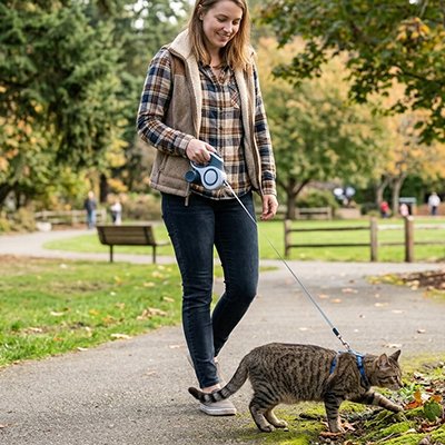 Jeune femme en chemise à carreaux promenant un chat tigré avec laisse rétractable bleu dans un parc en automne