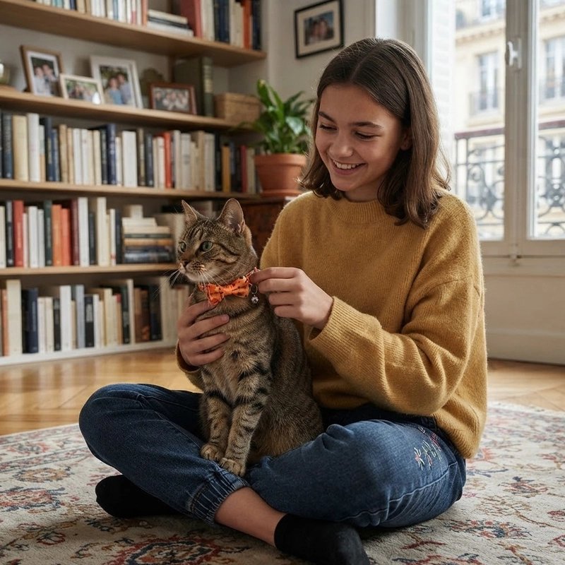 Jeune fille ajustant un collier réglable à nœud papillon orange sur un chat tigré assis sur ses genoux
