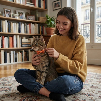 Jeune fille ajustant un collier réglable à nœud papillon orange sur un chat tigré assis sur ses genoux