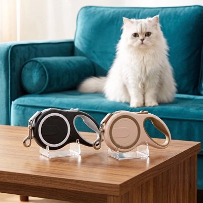 Laisse chat rétractable disponible en noir et beige, chat persan blanc en arrière-plan