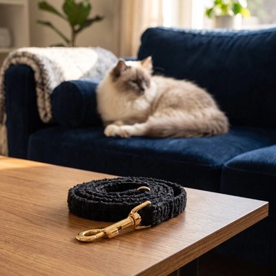 Laisse pour chat noire effet tressé avec attache dorée posée sur une table basse