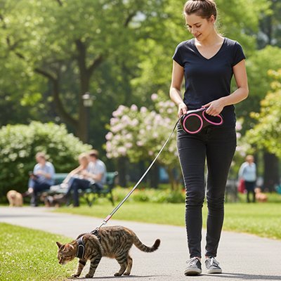 Femme promenant son chat tigré au parc avec laisse rétractable