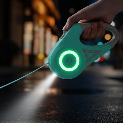 "Laisse rétractable pour chat verte avec anneau LED lumineux pour promenades nocturnes sécurisées"