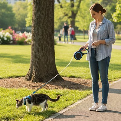 Femme utilisant laisse rétractable bleue pour chat au parc