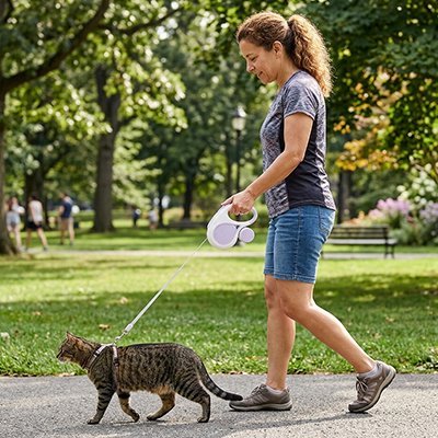 Femme promenant son chat tabby en ville avec laisse violet