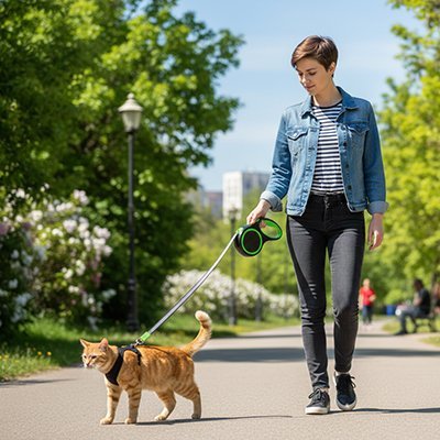 Femme promenant un chat roux avec une laisse rétractable verte dans un parc urbain