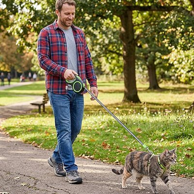  Homme en chemise à carreaux promenant un chat tigré avec une laisse verte dans un parc en automne