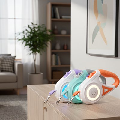 "Laisses rétractables pour chat disponibles en plusieurs couleurs - vert, violet, turquoise et orange avec mécanisme ergonomique"