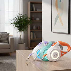 "Laisses rétractables pour chat disponibles en plusieurs couleurs - vert, violet, turquoise et orange avec mécanisme ergonomique"