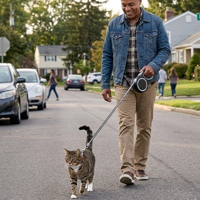 Homme promenant son chat tigré en laisse dans un quartier résidentiel calme