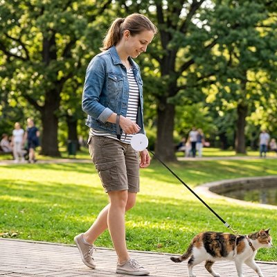 Laisse pour chat promenade femme et chat