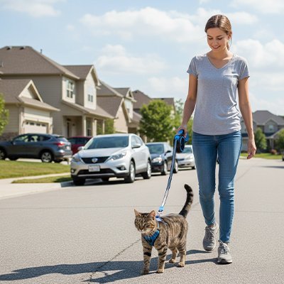  Chat en laisse se promenant dans un quartier résidentiel