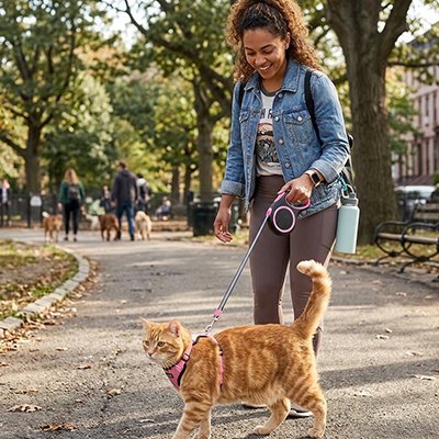 Promenade de chat roux au parc avec laisse rose confortable