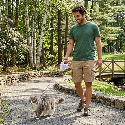 Homme promenant son chat en forêt avec laisse rétractable
