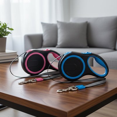 Laisse rétractable pour chat rose et bleue sur table