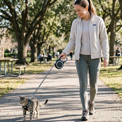  Femme en tenue de sport promenant son chat tigré en laisse sur un sentier de parc ensoleillé