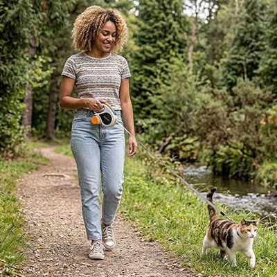 Femme promenant son chat en nature avec laisse rétractable noir