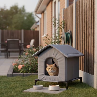 Maison extérieure pour chat grise avec gamelles