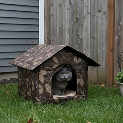 Maison pour chat extérieur imperméable avec motif feuilles - Chat gris dans abri extérieur confortable
