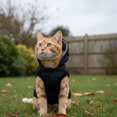Chat tigré roux avec manteau noir à capuche dans un jardin en automne