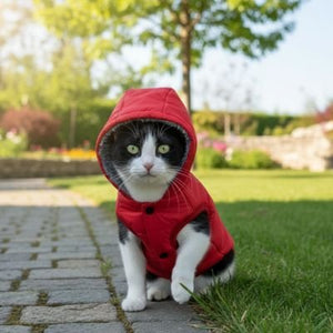 Chat noir et blanc portant un manteau rouge à capuche dans un jardin ensoleillé