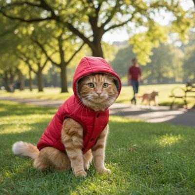 Chat roux manteau rouge capuche extérieur parc hiver