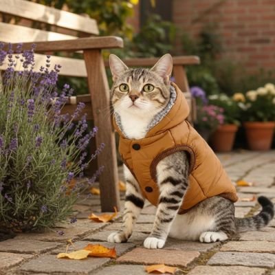 Chat tigré manteau marron capuche jardin fleuri accessoire hiver