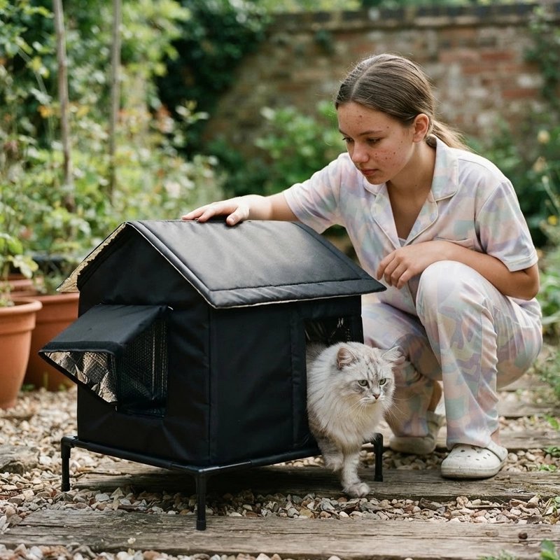 Niche pour chat extérieur noire avec chat blanc à poil long sortant, adolescente touchant le toit dans un jardin en gravier