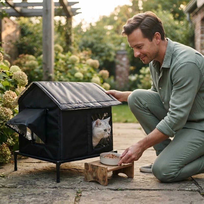 Niche pour chat extérieur noire avec chat British Shorthair blanc à l'intérieur, homme donnant à manger dans un jardin