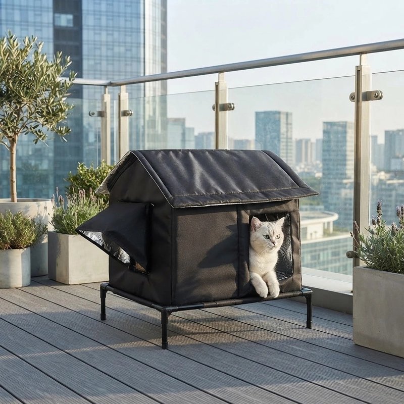 Niche pour chat extérieur noire surélevée sur une terrasse en ville, chaton blanc sortant de l'ouverture