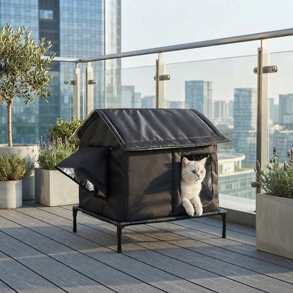 Niche pour chat extérieur noire surélevée sur une terrasse en ville, chaton blanc sortant de l'ouverture