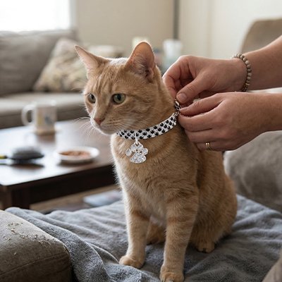  Pose collier strass noir chat roux maison