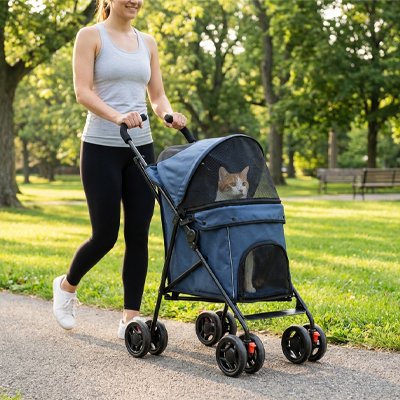 "Poussette pour chat Bleu foncé légère et pliable avec système de ventilation mesh"